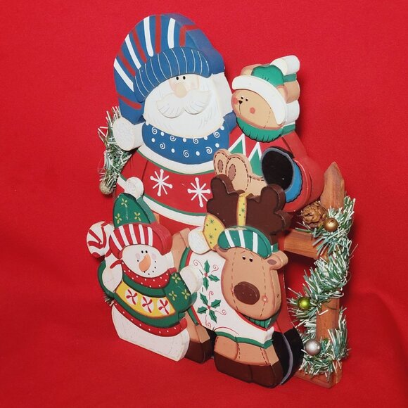 Vintage K Mart Christmas Decor Wooden Santa Snowman Reindeer Bear Free Standing
